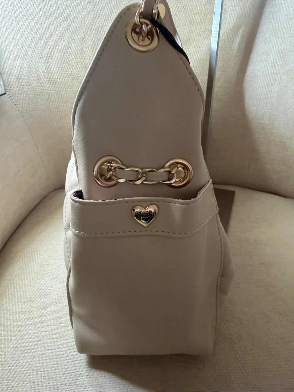 Juicy Couture Quilted Cream Shoulder Tote with Gold Chain